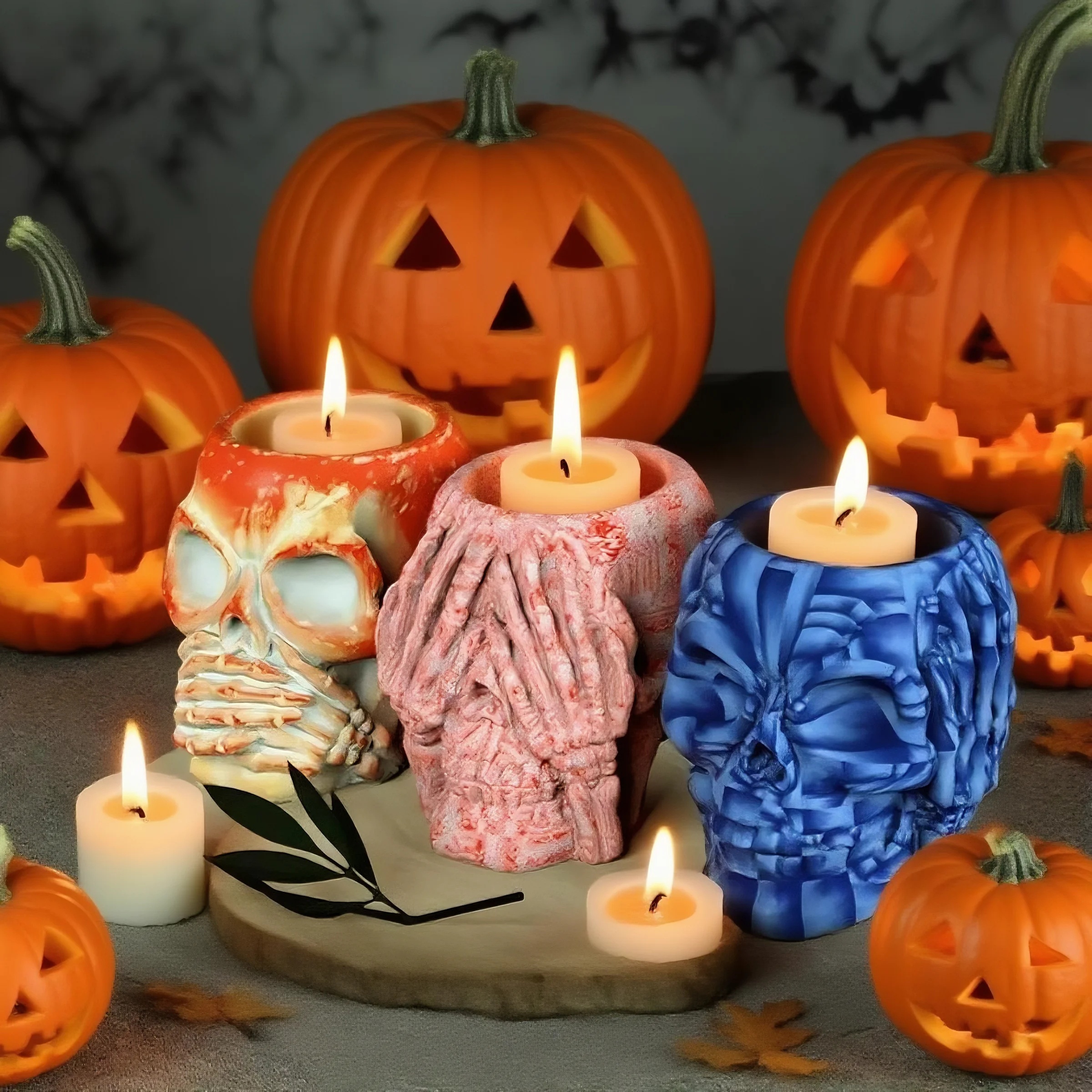 E-shop 3 Stück Schädel-Harzformen – 3 Halloween DIY Kerzenformen für Epoxy-Bastelarbeiten, Heimdekoration „Sehen nichts, hören nichts, sprechen“,