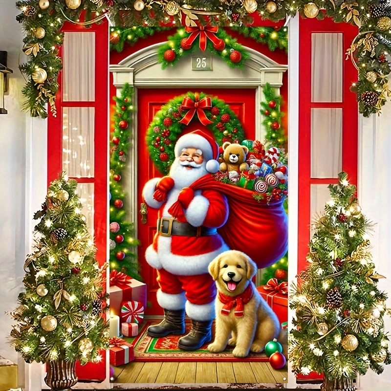 

1pc, Christmas Door Cover, Santa Claus And Dog Design Decoration, Polyester Merry Christmas Banner Background, Wall Backdrop Party Supplies, Christmas Party Decoration 70x35 Inches