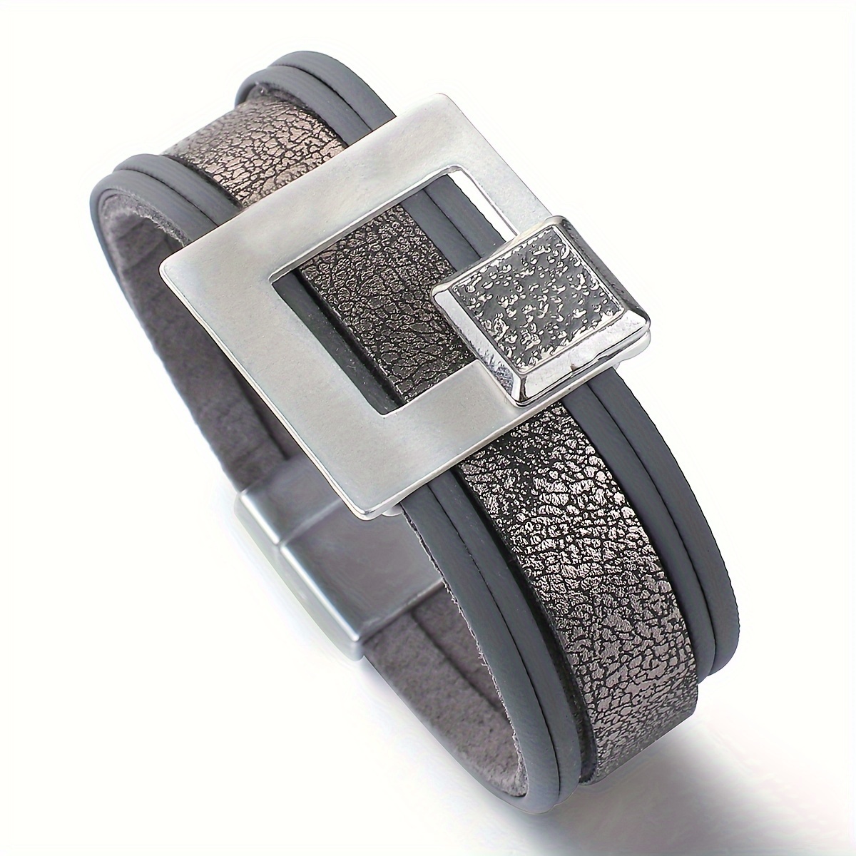 Image of 1pc Vintage Synthetic Leather Wrap Bracelets For Women, Alloy Metal Sqaure Charm Bracelets With Magnetic Clasp, Unisex Daily Wear, Party And Gifts Winter & Fall Jewelry