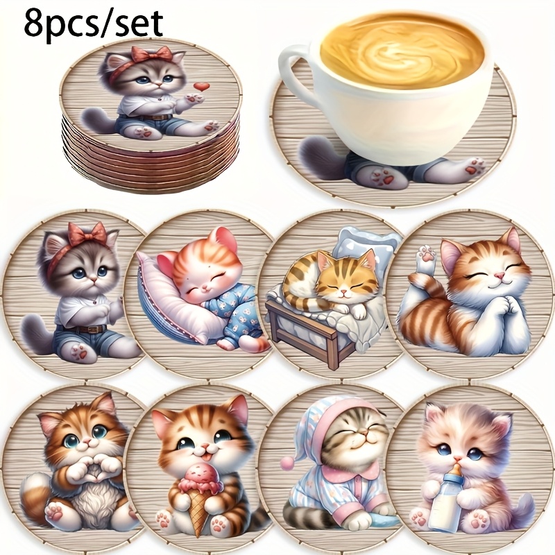 TEMU 8pcs Cat Coasters Set - 3.94x3.94in Non-slip Heat Resistant Wooden Pads - Cute Cat Design Perfect Gift For Cat Lovers - Coffee Shop/home/office