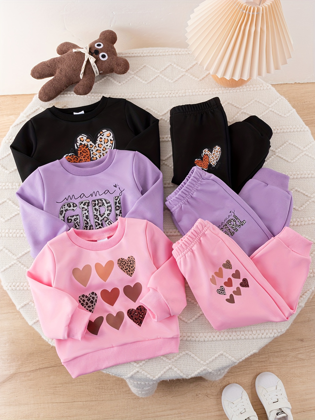 6-delige Winteroutfit Set voor Meisjes - Truien & Joggingbroeken met Hart- & Luipaardprint in Roze/Zwart/Paars