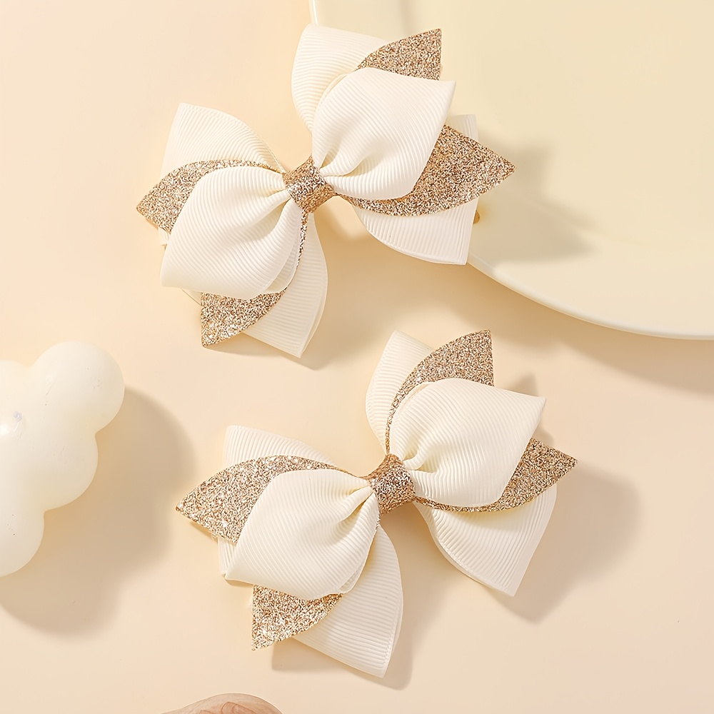Image of 2pcs Girl Sparkling Bow Hair Clip Printed Fabric Artistic Girl Ponytail Pair Clips Academy Fashion Women's Hairstyle