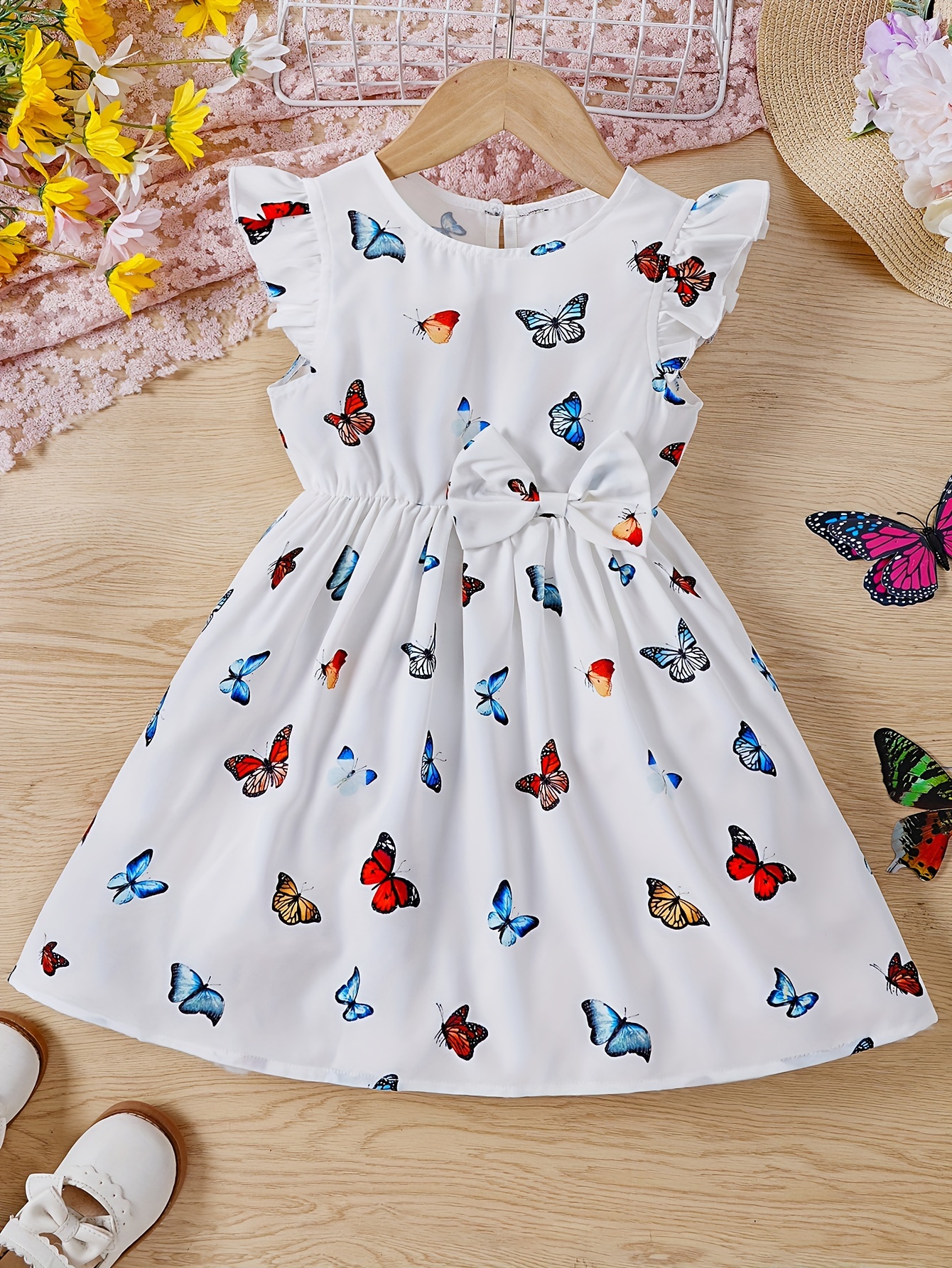 Kid Girl Floral Butterfly Print Bowknot Design Slip Dress