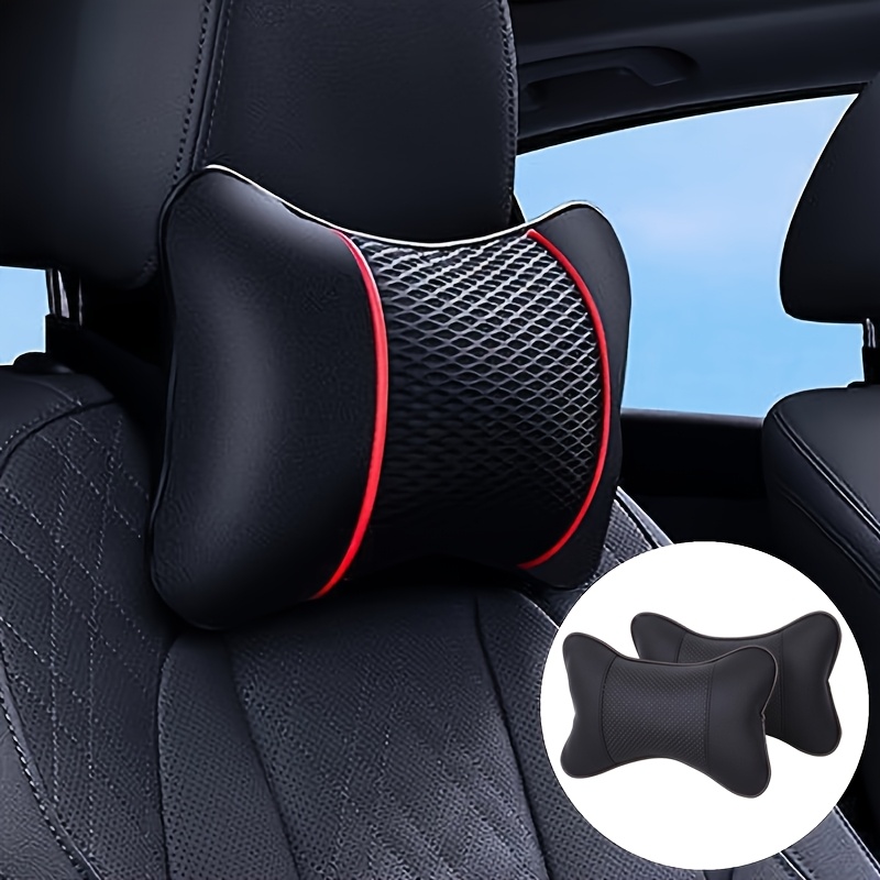 

2pcs Car Headrest Cushions - Breathable Microfiber Leather With Mesh Support, Comfort Neck Rest For Vehicle Interior Accessories - Black With Red Trim Detail