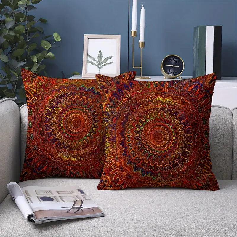 2pcs short plush fabric red fantasy golden mandala bohemian style pillow cover with double sided printing 18in 18inminimalist art bedroom living room home decoration without pillow core Product details 1