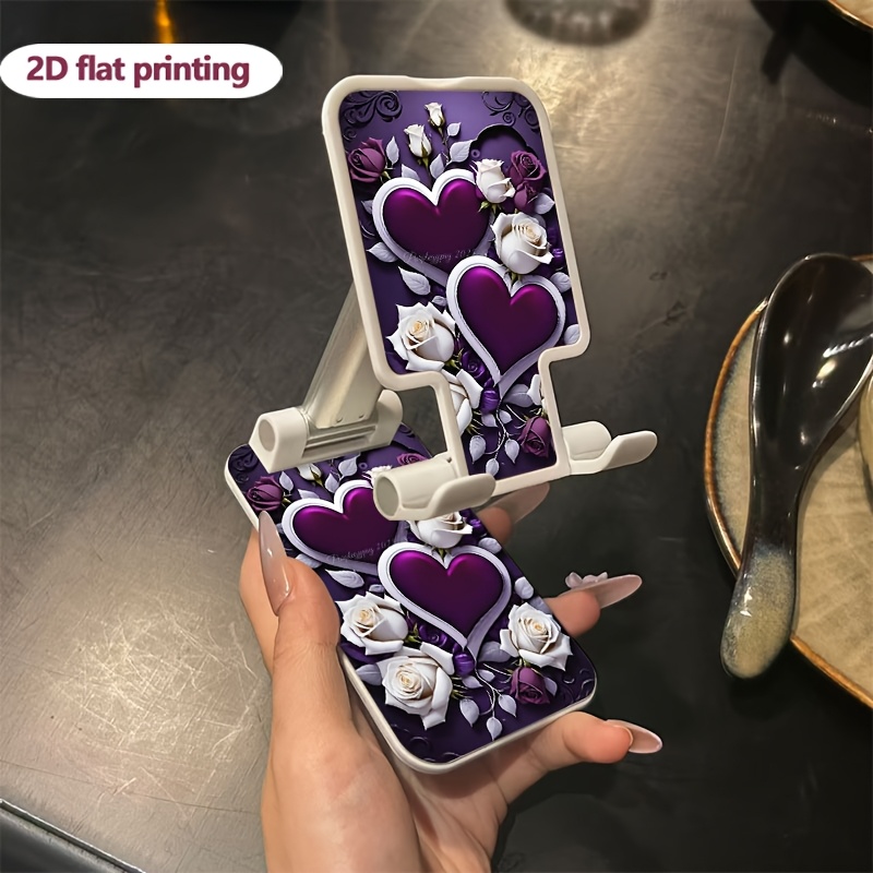 TEMU Support de téléphone pliable 2D à motif de cœurs et de roses violettes, support de téléphone portable réglable et extensible, support