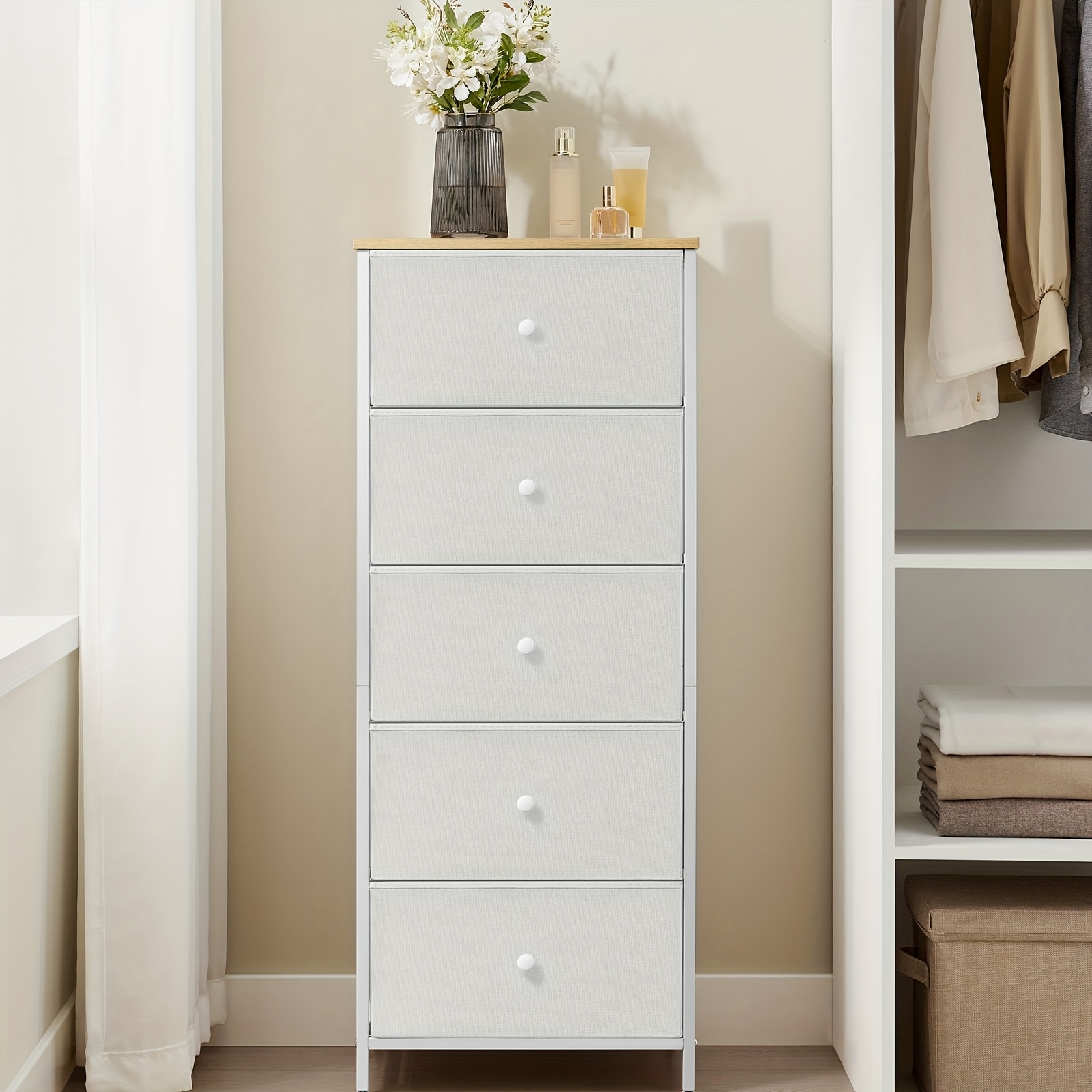 Image of Chest Of Drawers Bedroom Drawer Storage Unit Dresser With 5 Fabric Drawers Metal Frame Tall And Slim For Yellow And Cream White