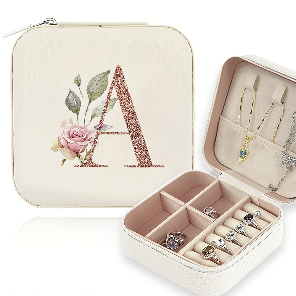 TEMU Classic Faux Leather Jewelry Box With Zipper Closure - Lightweight Travel Organizer, And Flowers Design, Removable Necklace Display Stand And
