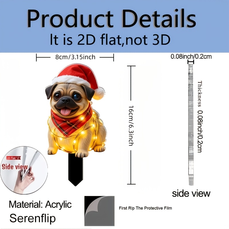 TEMU 2d Flat, 1pc 2d Acrylic , Suitable For Outdoor Christmas Decorations. The Ornament Features A Pug Wearing A Santa Hat, Perfect For Enhancing