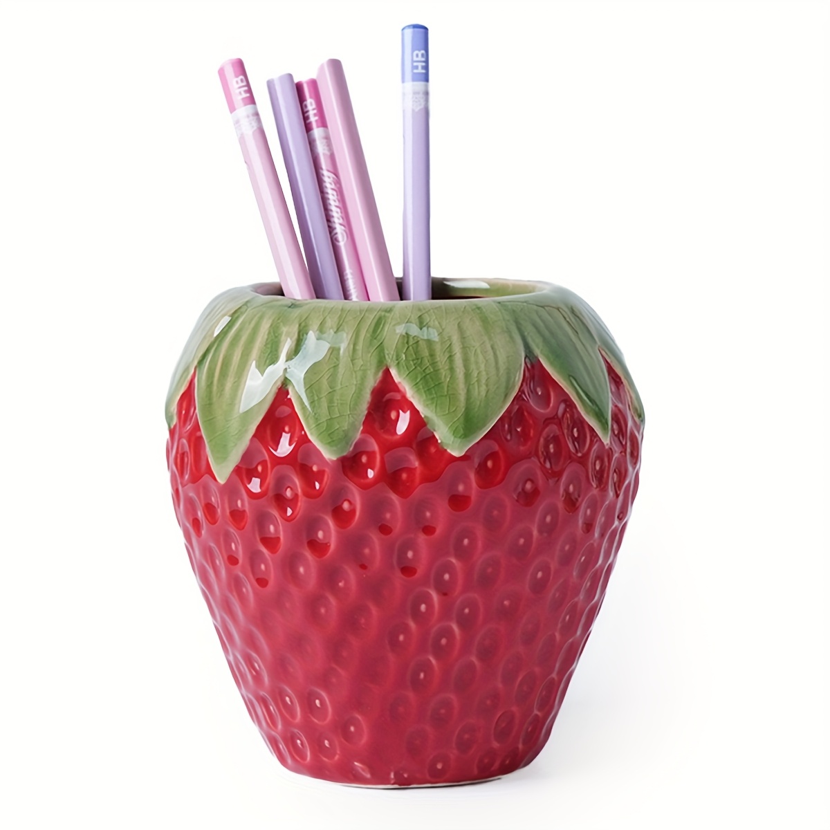 Image of Strawberry Ceramic Pen Holder, Multifunctional Desktop Organizer, Storage Pen Holder, Makeup Brush Storage Holder, Office Desk Pen Holder, Living Room And Bedroom Decoration Ornaments