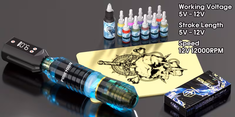 poseidon tattoo v5 tattoo pen kit poseidon battery tattoo pen with extra battery 1400mah tattoo gun kit with tattoo power supply and 10pcs tattoo cartridge needles complete tattoo kit 11 inks tattoo supplies for beginners Product details 7
