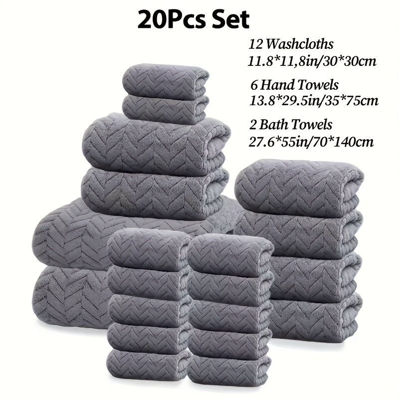 TEMU 20pcs Set: 12 Washcloths + 6 Hand Towels + 2 Bath Towels., Extra Large Bath Towel For Summer, For Men And Women, Pure, Absorbent, Quick-drying,