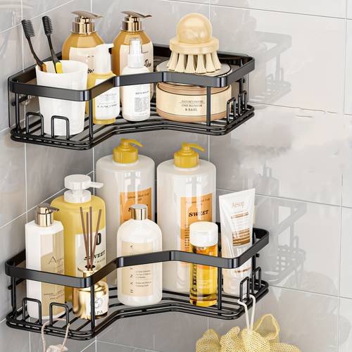 item picture 2pcs black lacquered corner shelves wall mounted bathroom organizer with hooks stainless steel shower caddy storage baskets for bathroom accessories bathroom organizers and storage sinterklaas