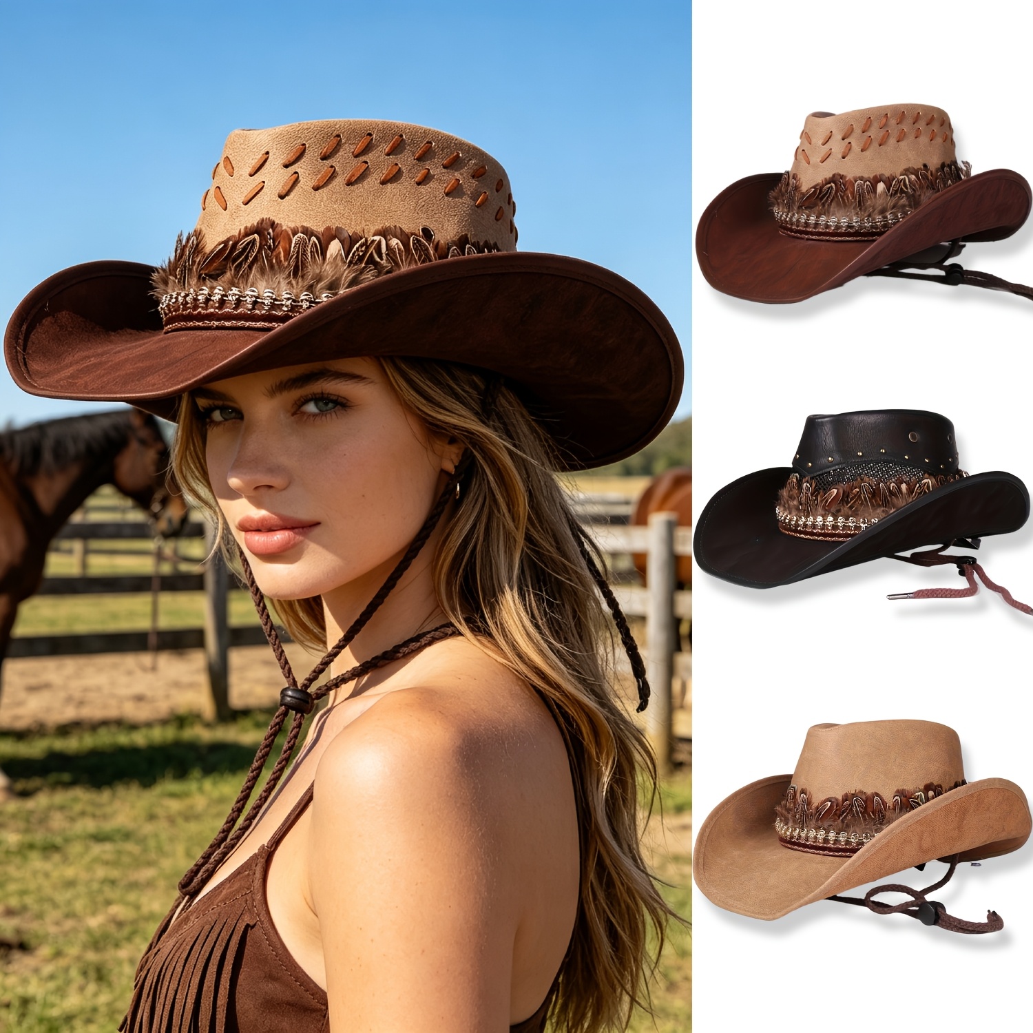Western hat cowboy cowgirl vintage shapeable fedora feather braided leather NWT Black Western Cowboy Cowgirl Hat – Gold Feather Braid Band  main image 3