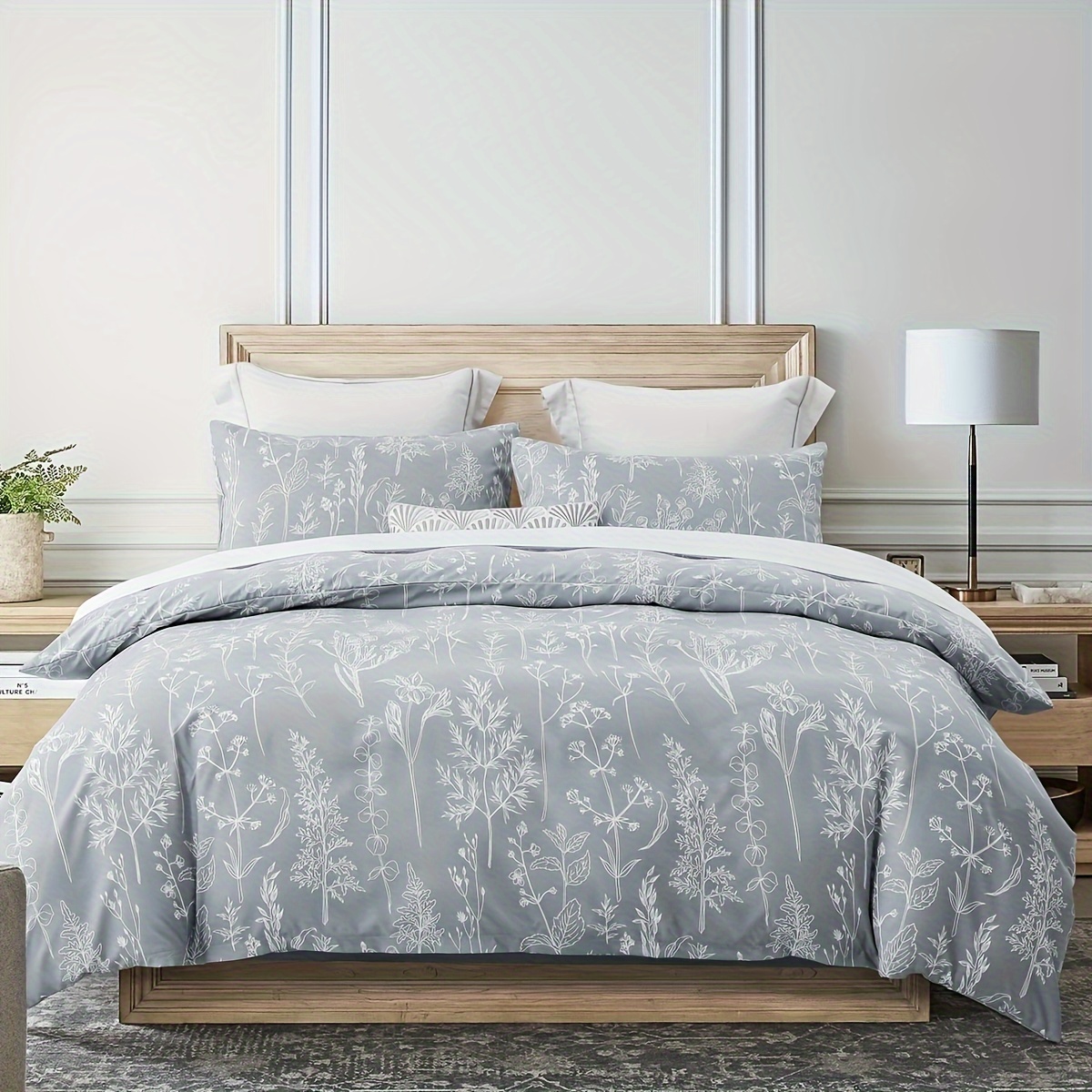 

Comforter Set, Soft Microfiber All Season Comforter, Gray Printed With White Botanical Pattern, Down Alternative Machine Washable