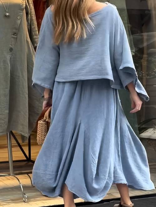 plus size womens fashion loose 2pcs outfits casual skirt long sleeve sets vintage boho irregular midi skirts 2025 matching outfits plus size