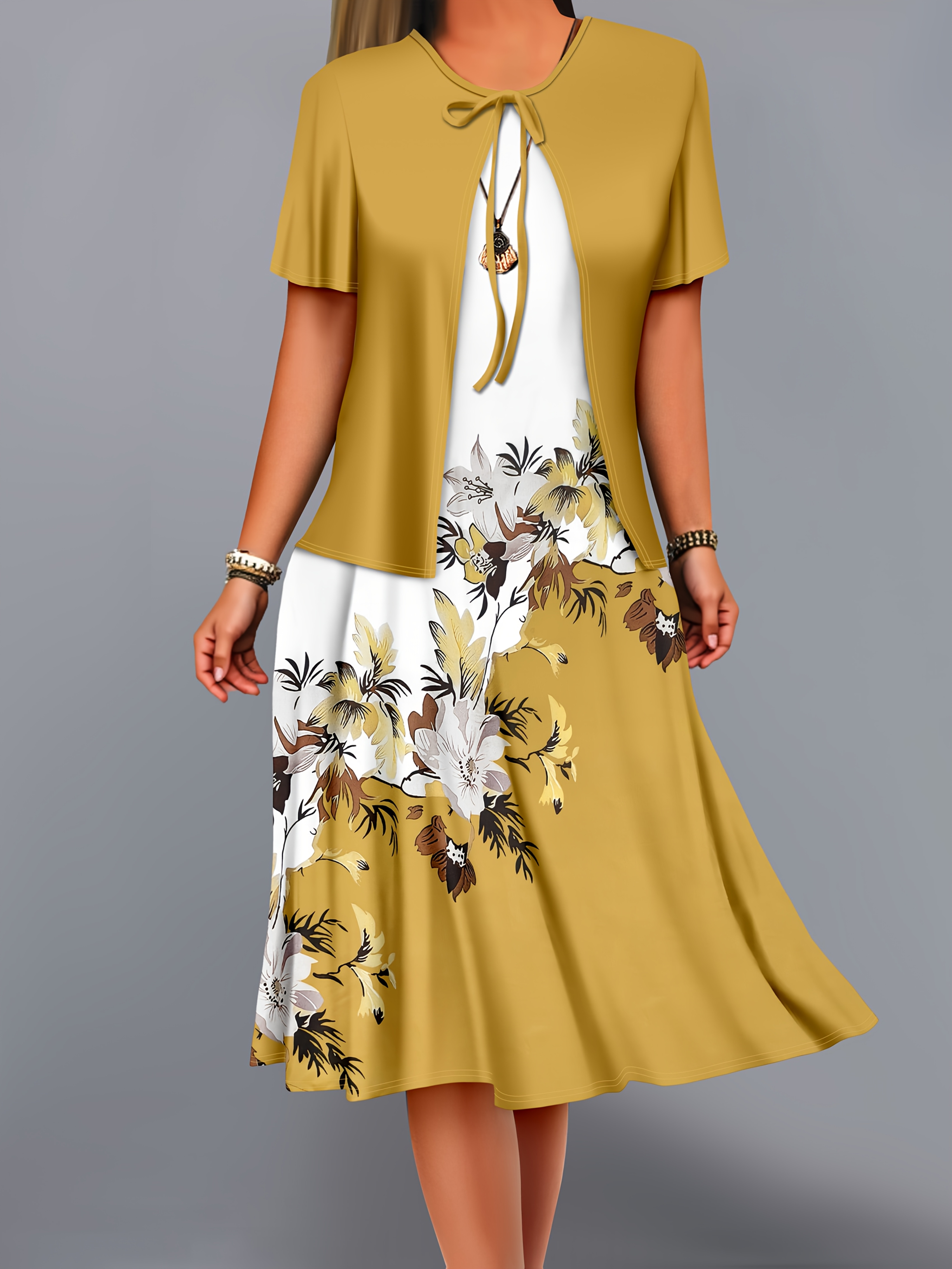 Women'S Elegant Two-Piece Floral Dress Set with Short Sleeve Cardigan and  Wide-Leg Maxi Skirt, Stretchy Polyester Fabric, Pink and White Floral Print,