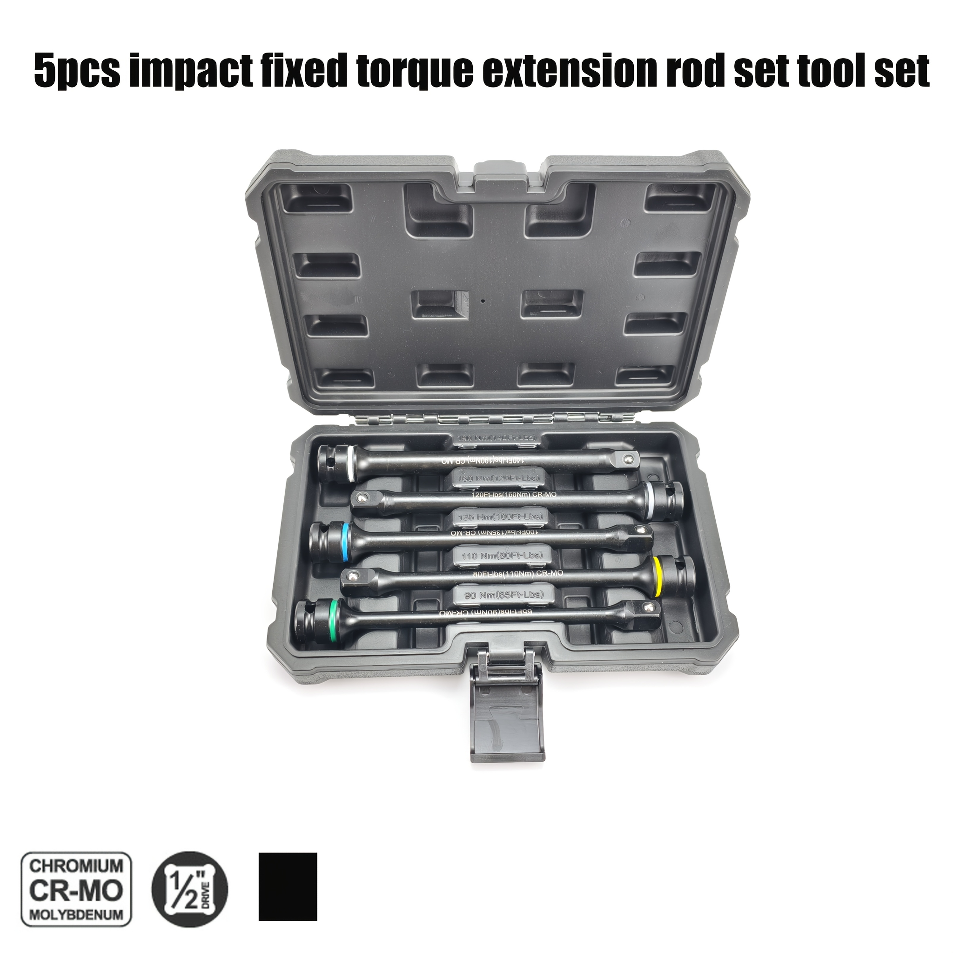 TEMU 5pcs 1/2" Drive Torque Extension Bar Kit, Impact Torque Set, Featuring An 8-inch Color-coded Cr-mo Torque Extension Bar (65 To 150 Ft-lbs) For