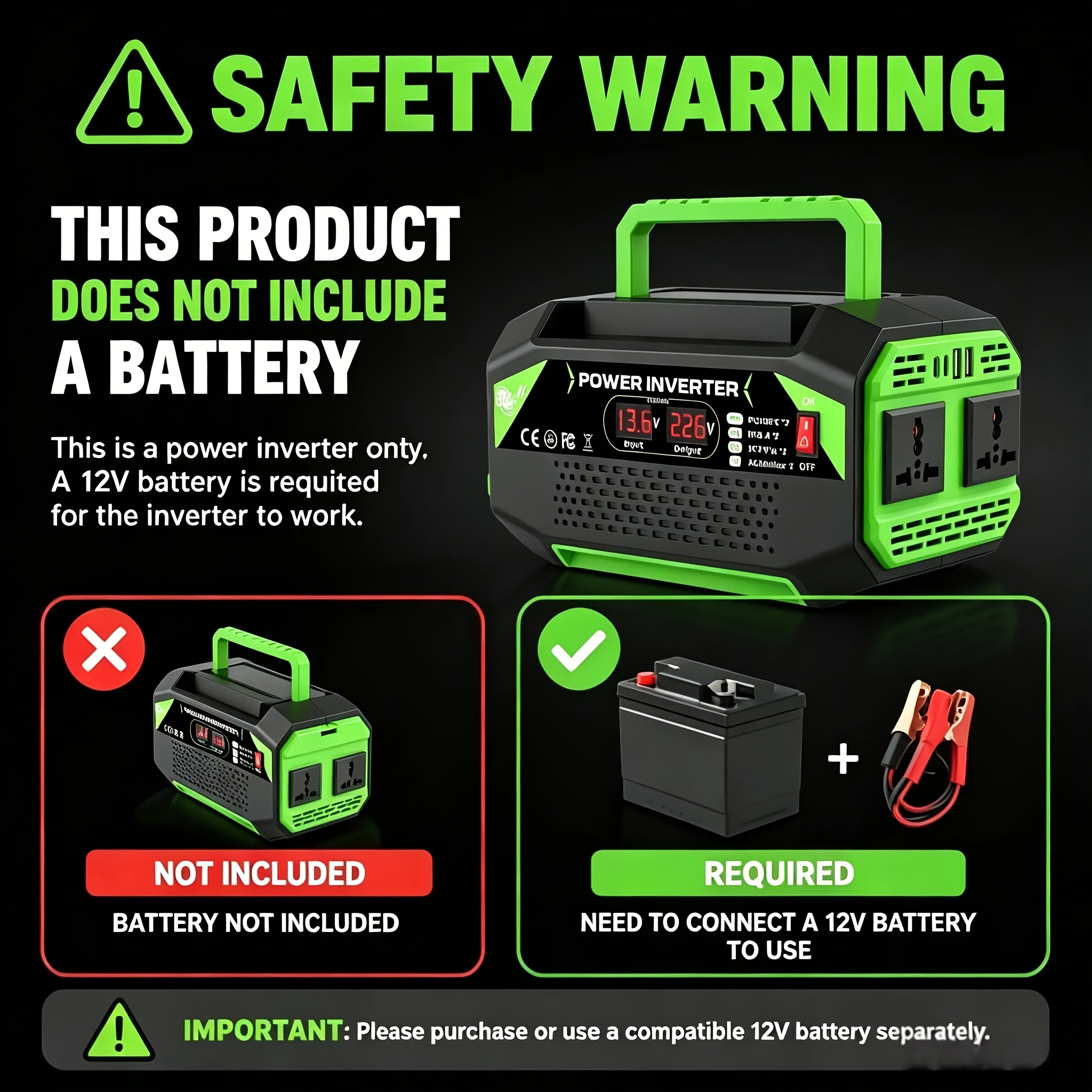1000W/500W Inverter with Car Plug and Connecting Wire Accessories