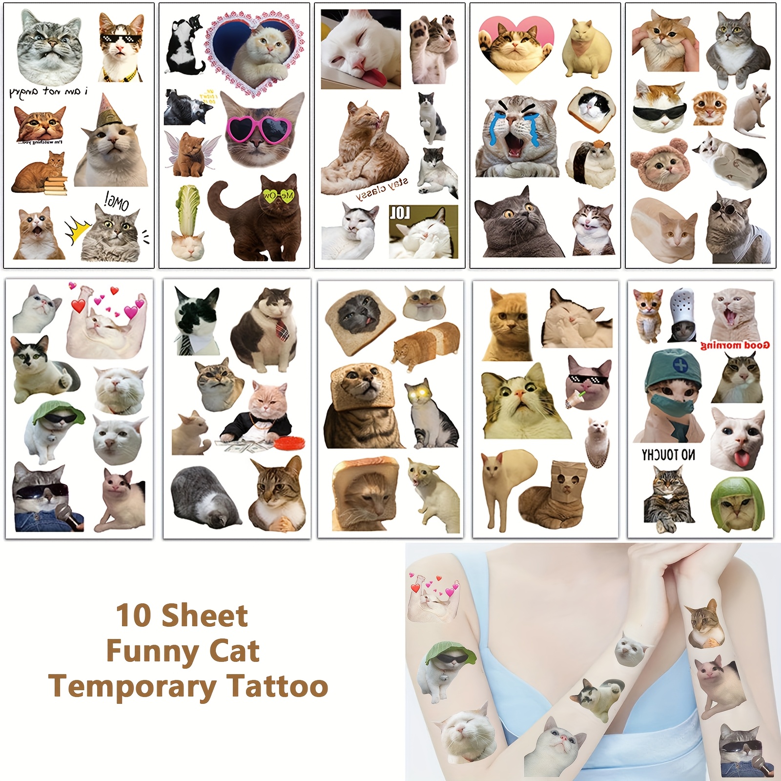 Image of Temporary Tattoos Of Cats, Temporary Tattoos, Cute Waterproof Cat Stickers, Decorations For Cat-themed Parties For Men And Women.
