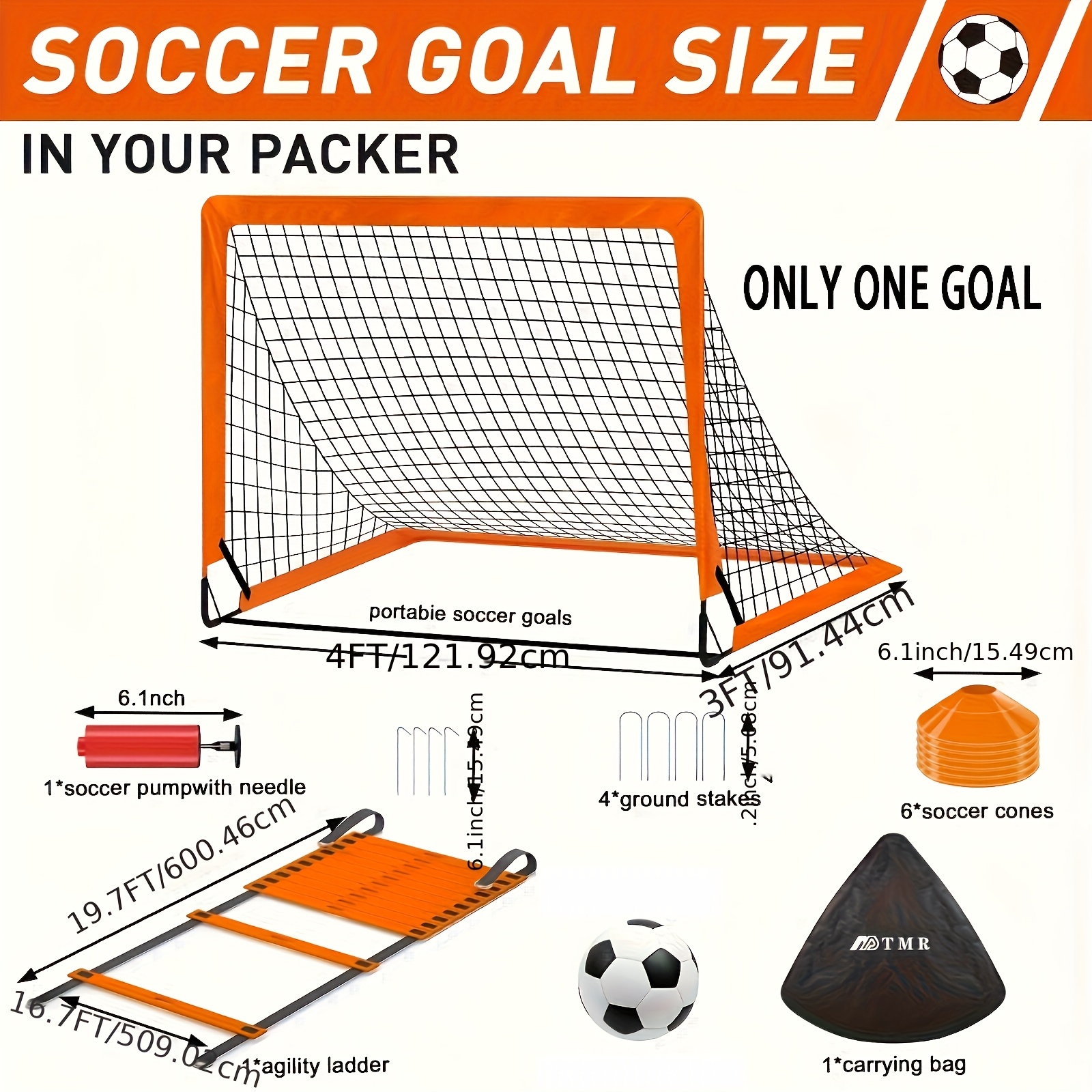 TEMU Ensemble de buts de football pop-up portable mesurant 6x4 pieds - 2 filets, une balle, des cônes et un sac à dos, parfait pour les jeux en