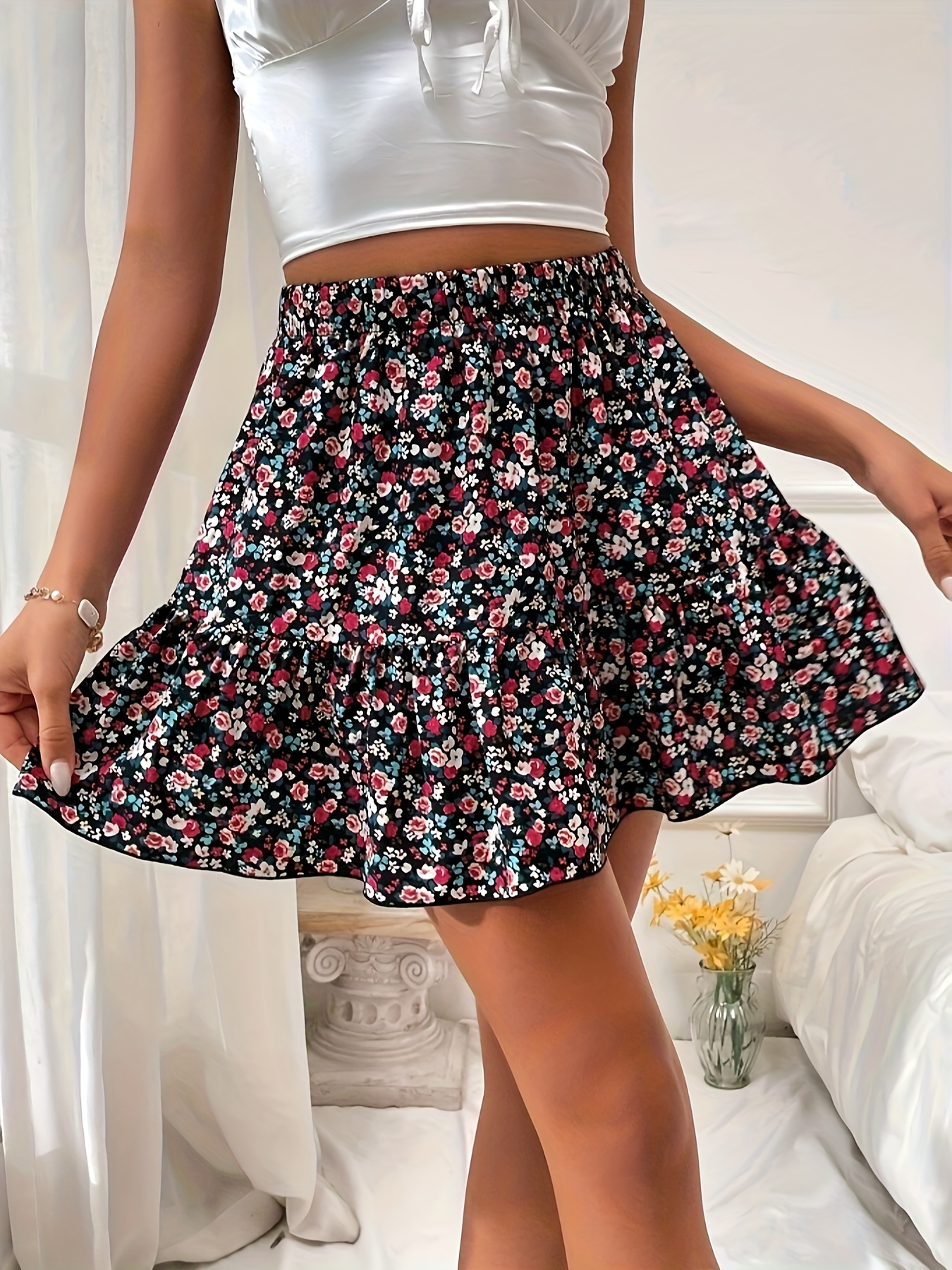 Ditsy Floral Print Elastic Waist Skirt, Elegant Ruffle Hem Crop Skirt For  Women's Clothing