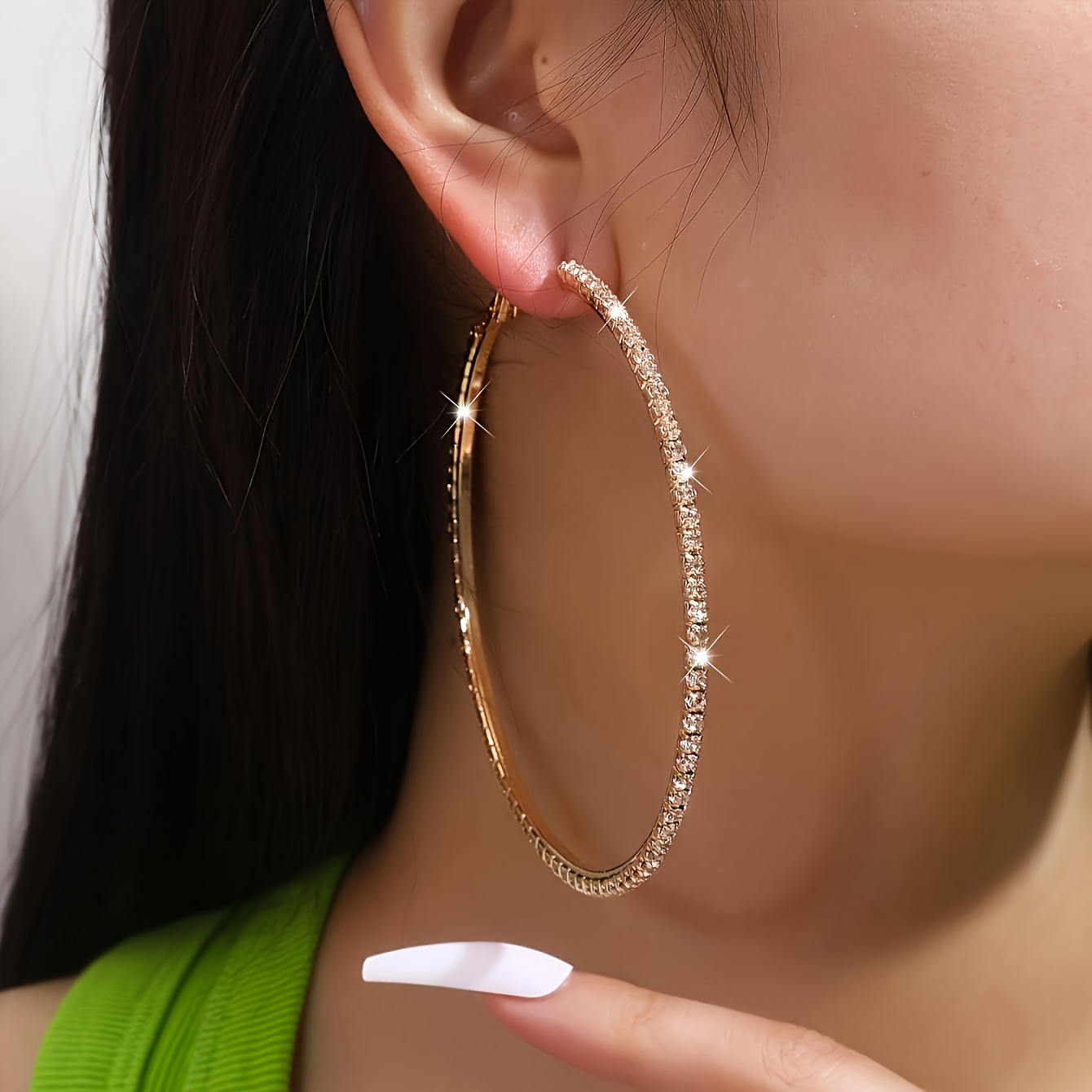 

Plated Copper Hoop Earrings - Elegant Boho Style With Sparkling Rhinestone Inlay, Iron Ear Needle For Daily & Gift Occasions