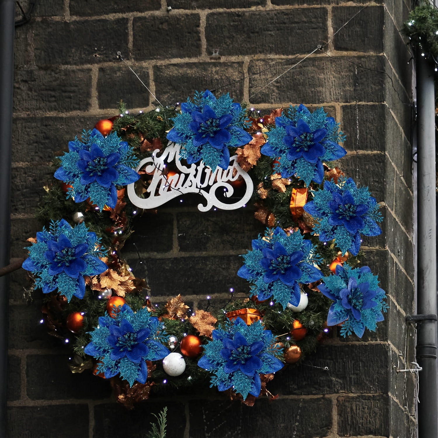 12 Stück Glitzernde Weihnachtsblätter – Funkelndes Weihnachtslaub Für Baum, Kranz & Girlande, Himmelblau