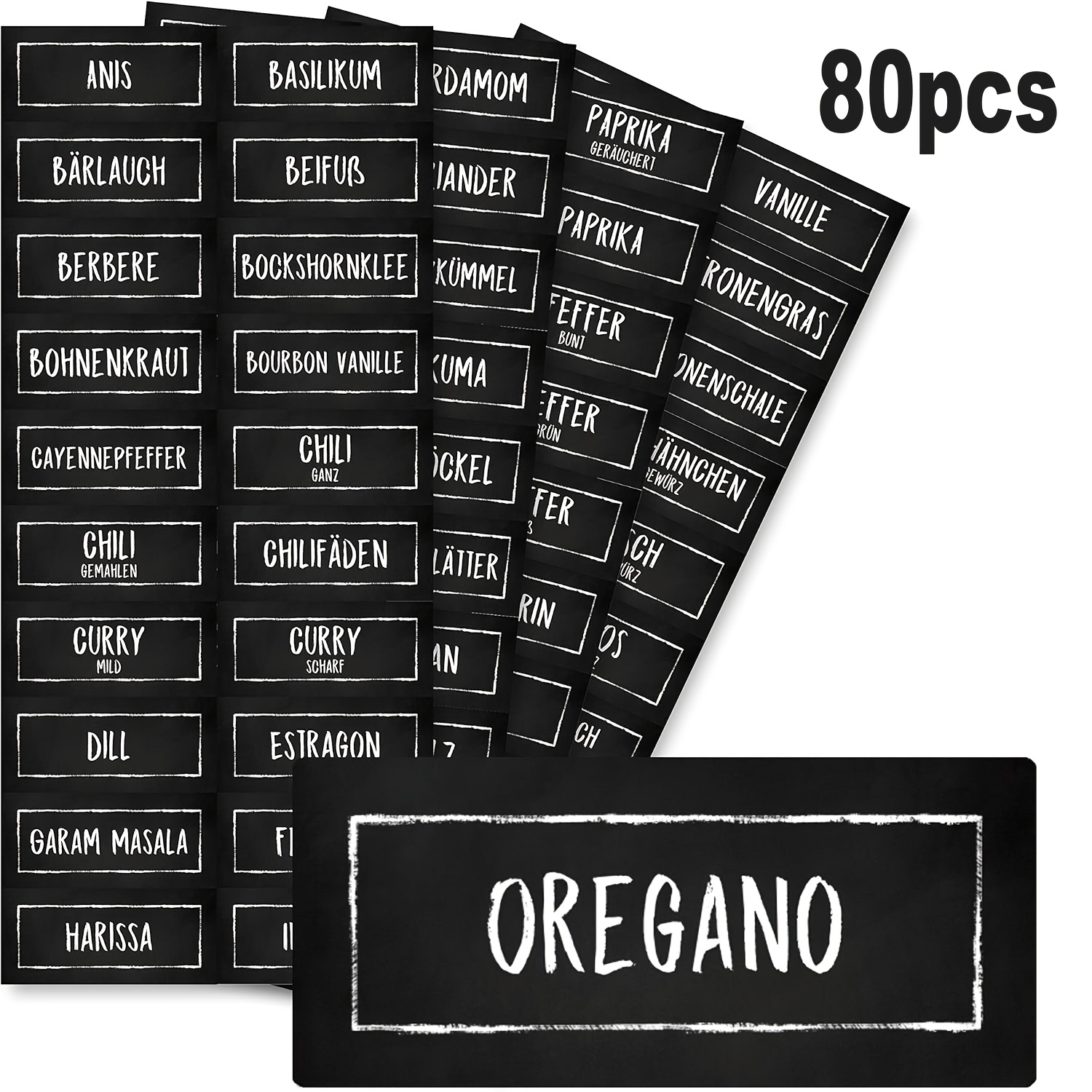 E-shop 80-teiliges Set, Deutsche Gewürz-Etiketten, 78 Aufkleber mit verschiedenen Gewürznamen und 2 leere, selbstklebende Aufkleber, Rechteckige