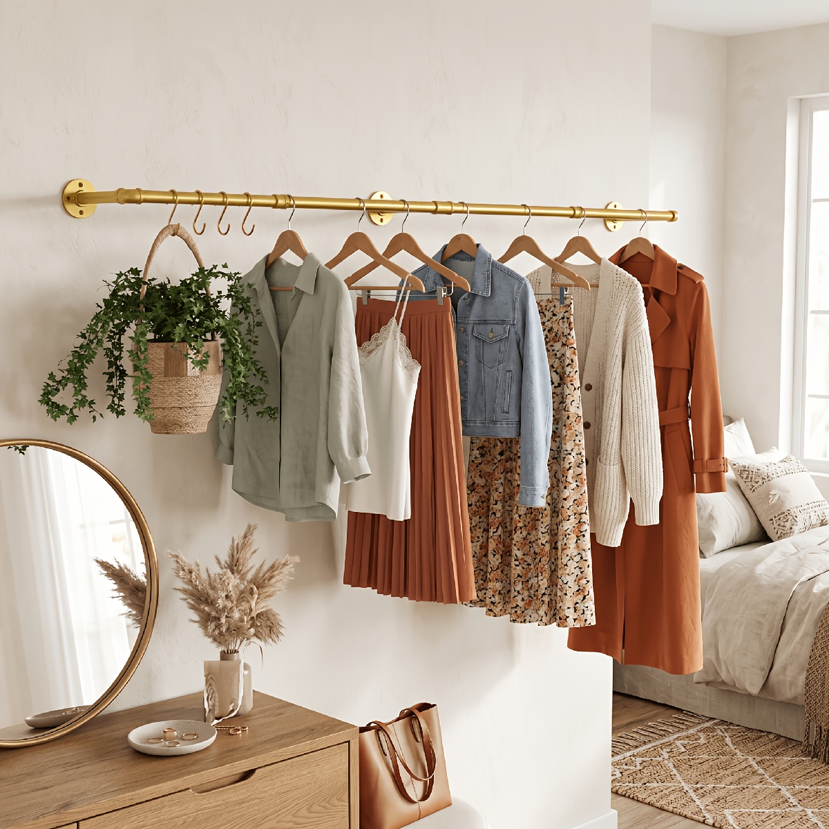 TEMU Industrial Pipe Clothes Rack, Heavy Duty Detachable Iron Garment Rack Wall Mounted, Rustic Space Clothes Bar Hanging Rod For Bedroom, Closet,
