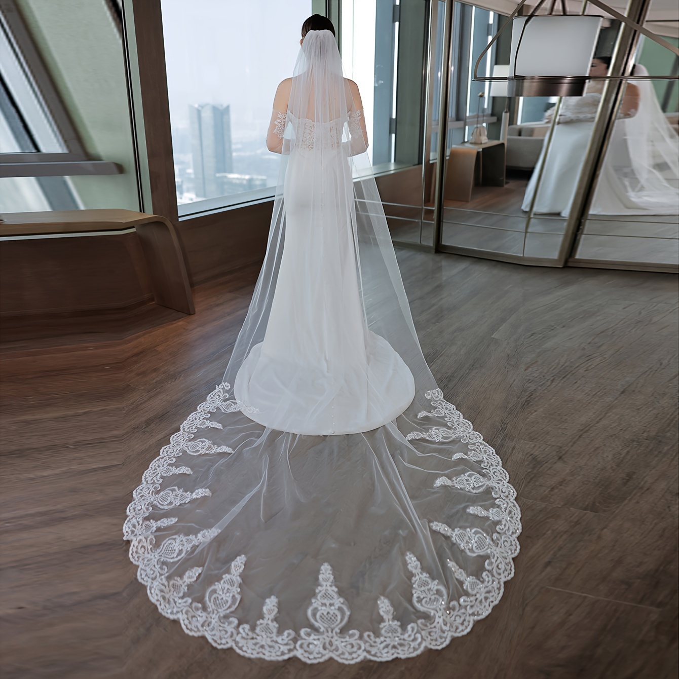 

Fashion Elegant Long Bridal Wedding Veil With Lace Applique Edge - Polyester Fiber, Hand Wash Only, Chapel Length For Ceremony And Reception