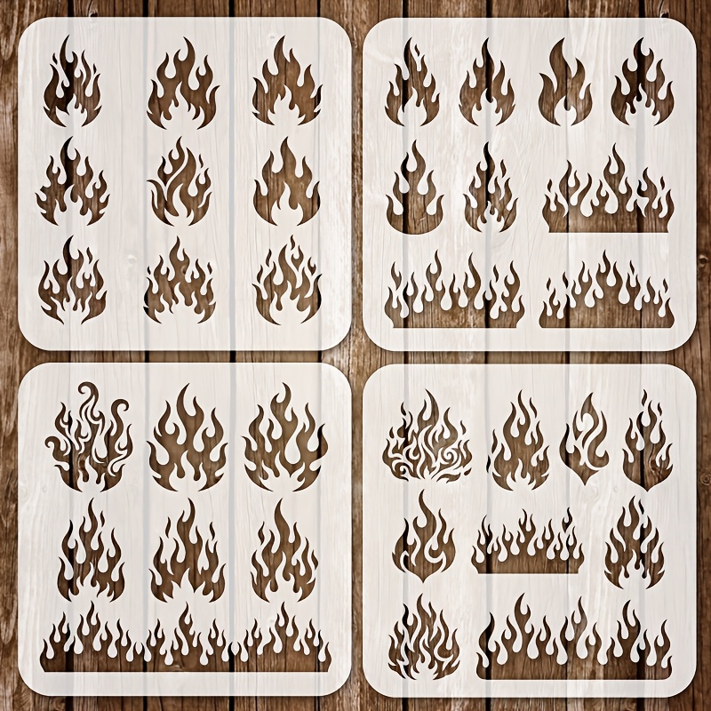 TEMU 4pcs Set 6x6 Inch Flame Stencils - Reusable Flame Pattern Stencils, Suitable For Crafts, Furniture Painting, Wall Art, Home Decor, Fabric, And