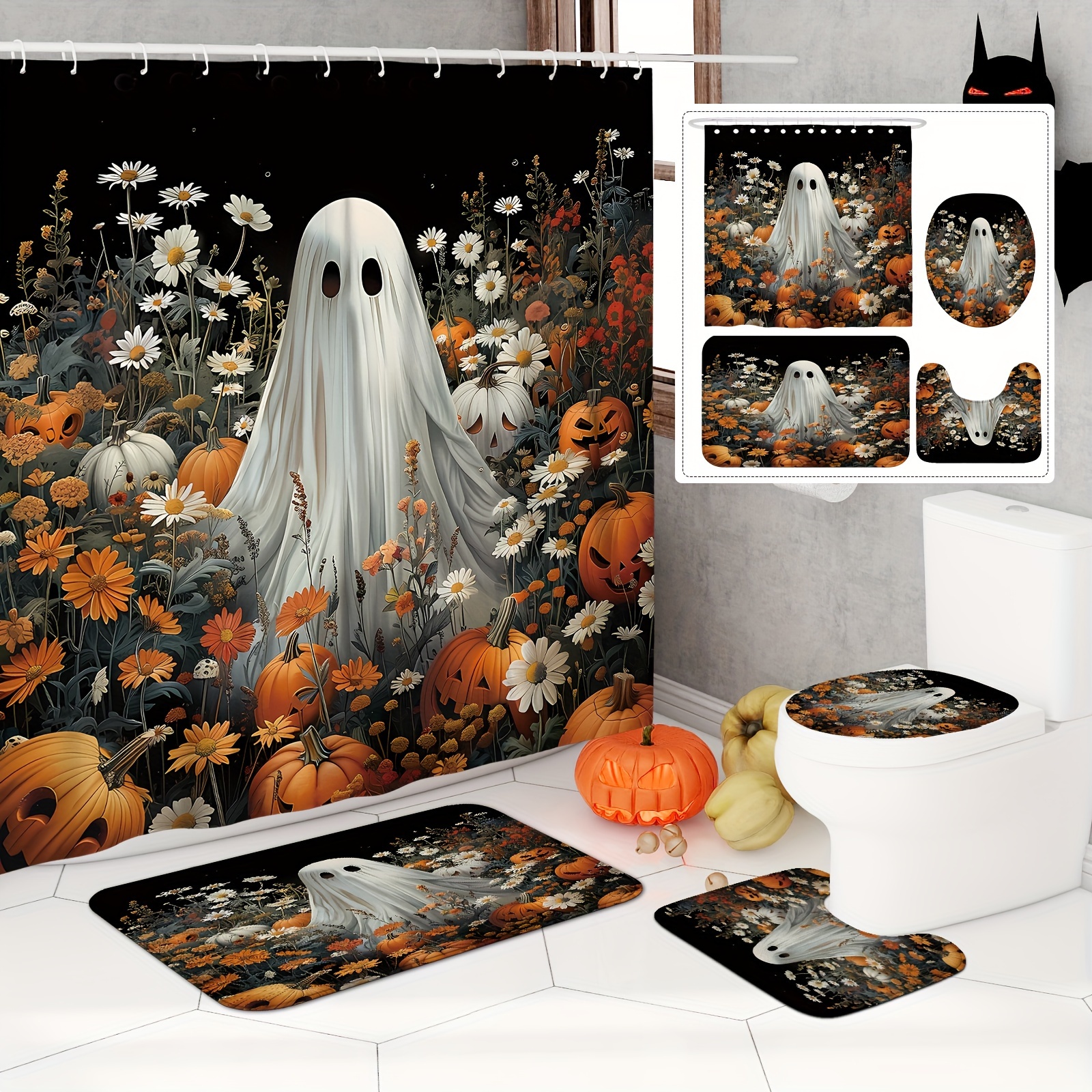 

Halloween Shower Curtain Set With Non-slip Bath Rugs, U-shape Toilet Lid Cover, Machine Washable Polyester Waterproof Fabric, Floral Pumpkin Ghost Design, Horror Theme Bathroom Decor With 12 Hooks