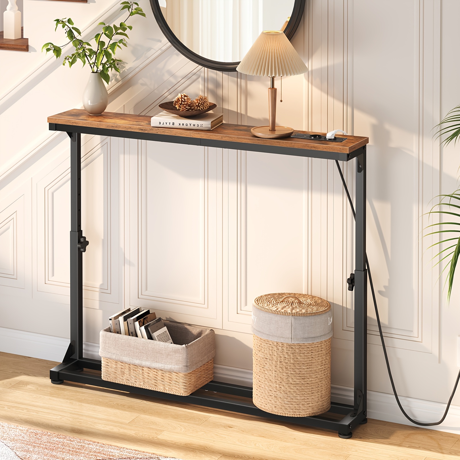 100cm Narrow Console Table, Entryway Table With Power Outlet, Display Table, Height Adjustable Up And Down Suitable For Multiple Scenes Like Hallway, Entryway, Living Room, Bedroom Space-