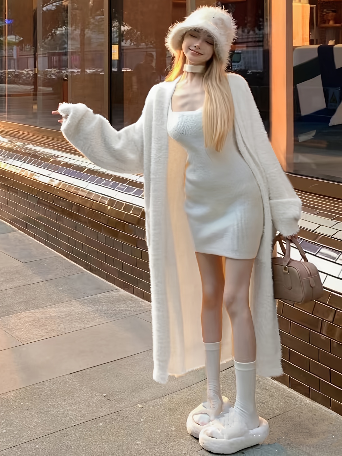 chic white knit cardigan women casual korean style oversized