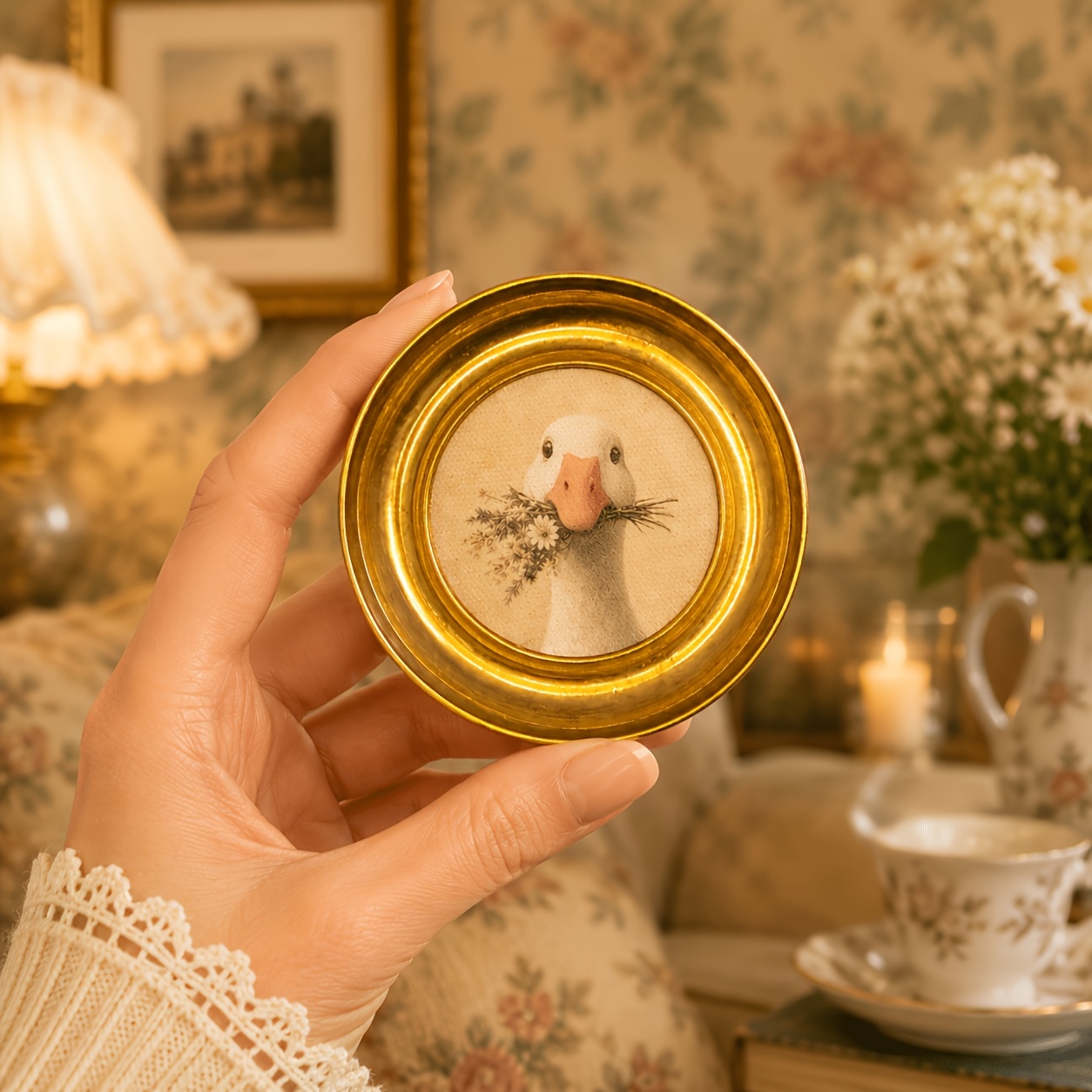 TEMU 2d Flat, 2d Flat, 2d Flat Artwork, 1pc Vintage Golden Thick Wooden Round Photo Frame, Includes Bouquet Wall Art Decoration, Pastoral Style Wall