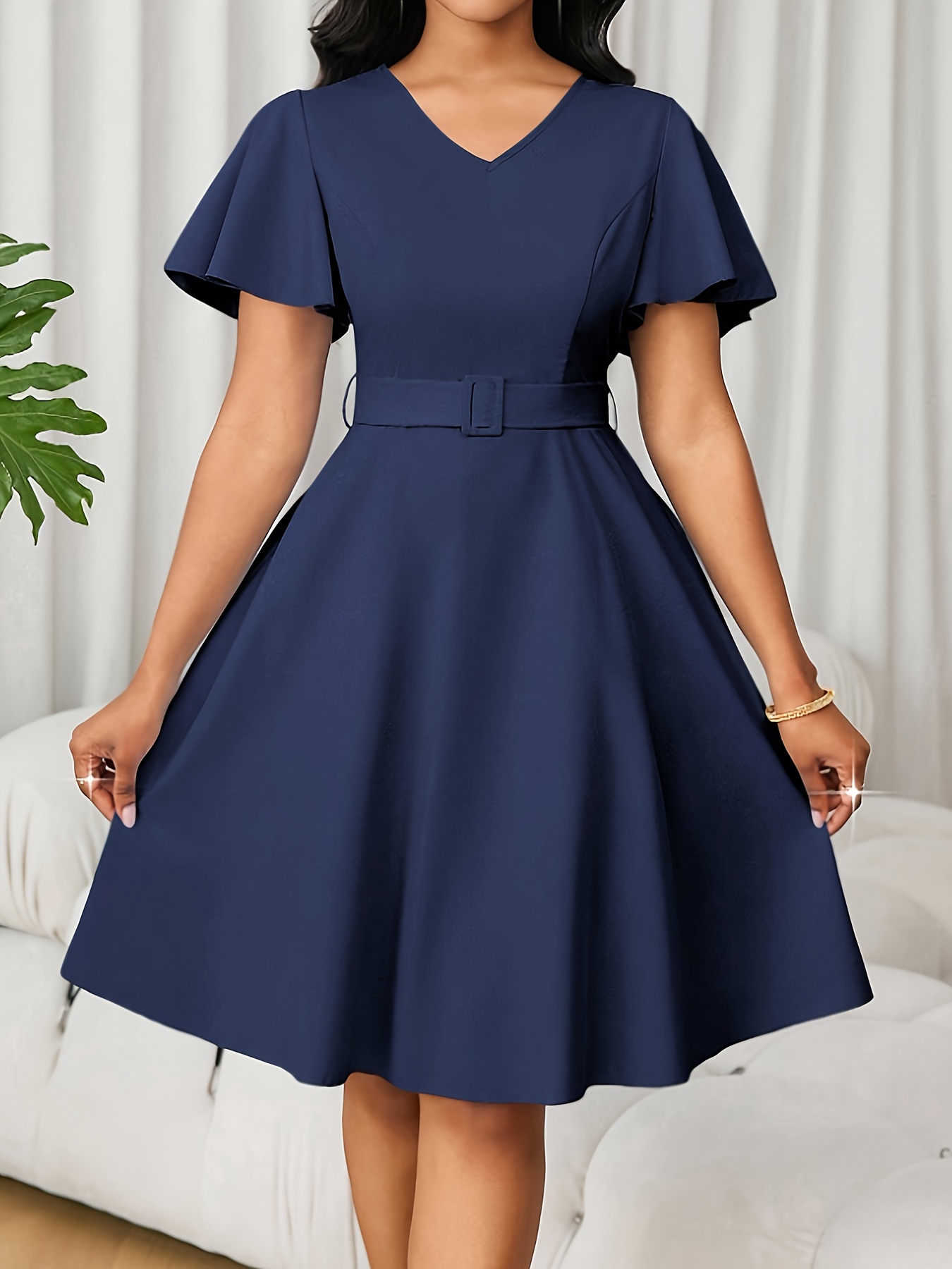 vintage v neck a line skirt short sleeves a belt - Temu Qatar