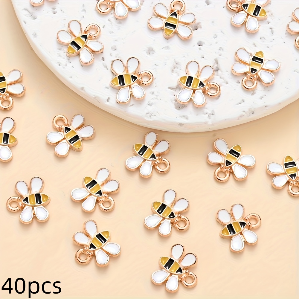 TEMU 40 pièces de Breloques en Émail Abeille - Pendentifs Insectes 10mm Jaune Vif & Blanc à Rayures Noires et Accents Or Rose, pour Création Bijoux