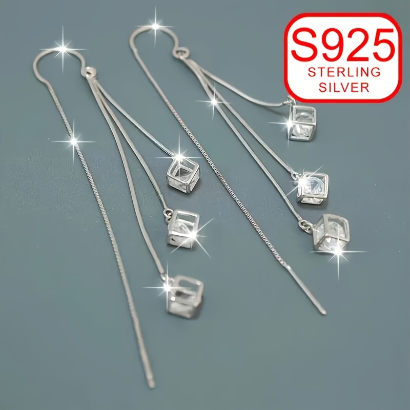 TEMU S925 Sterling Silver Long Tassel Square Earrings - A Fashionable Pair Of Drop Earrings For Women Featuring Curved Hooks - Ideal For Summer Beach