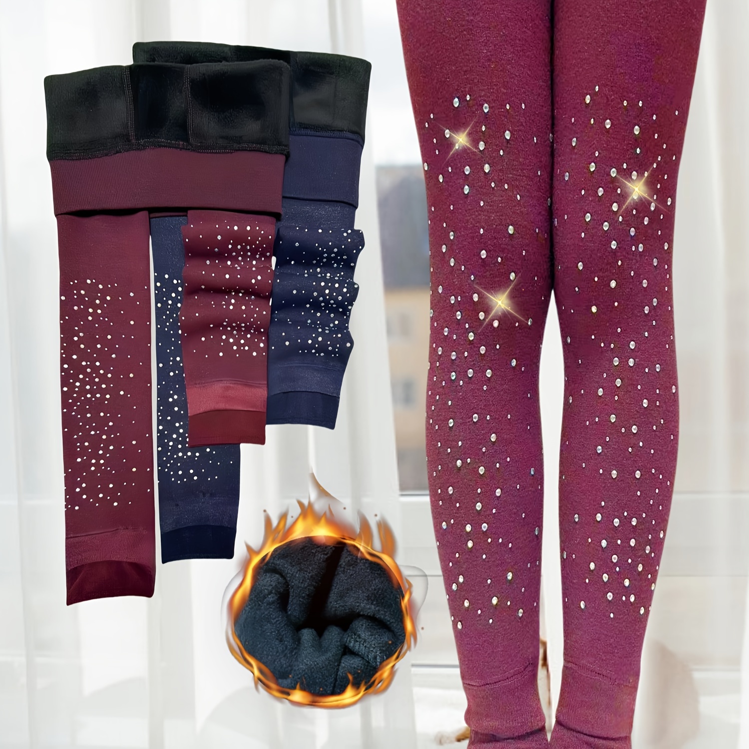1/2 stuks Winter Meisjes Verjaardags- en Feestcadeaus, Damesleggings met Diamanten Bevestiging, Hoogelastische Broeken, Dik Geïsoleerde En Koudbestendige Jongerenbroeken, Dromerig en Mooi, Zacht en Casual