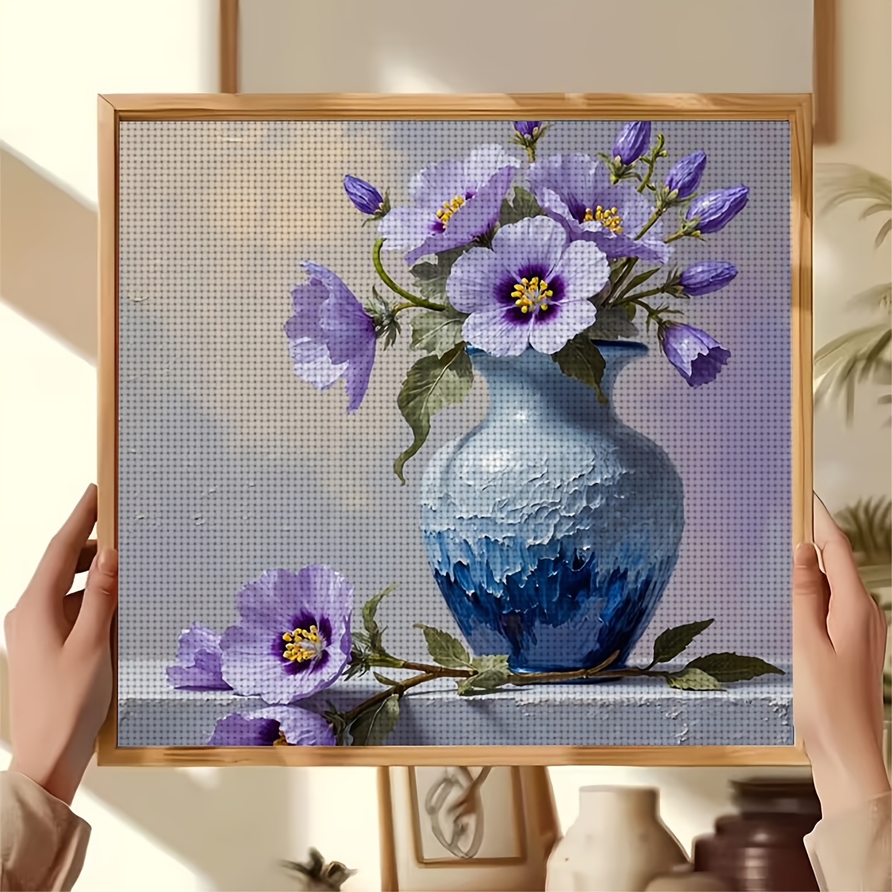DIY Cross-Stitch Printed Kit, "Blue Bottle with Blooming Purple Flowers"