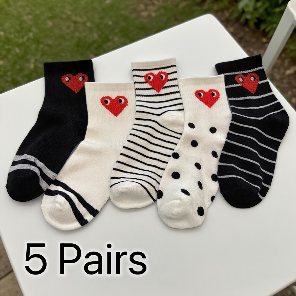 TEMU 5 Pairs Of Multicolor Heart Striped Polka Dot Cute Mid-calf Socks, Comfortable And Breathable For Home Or Outing