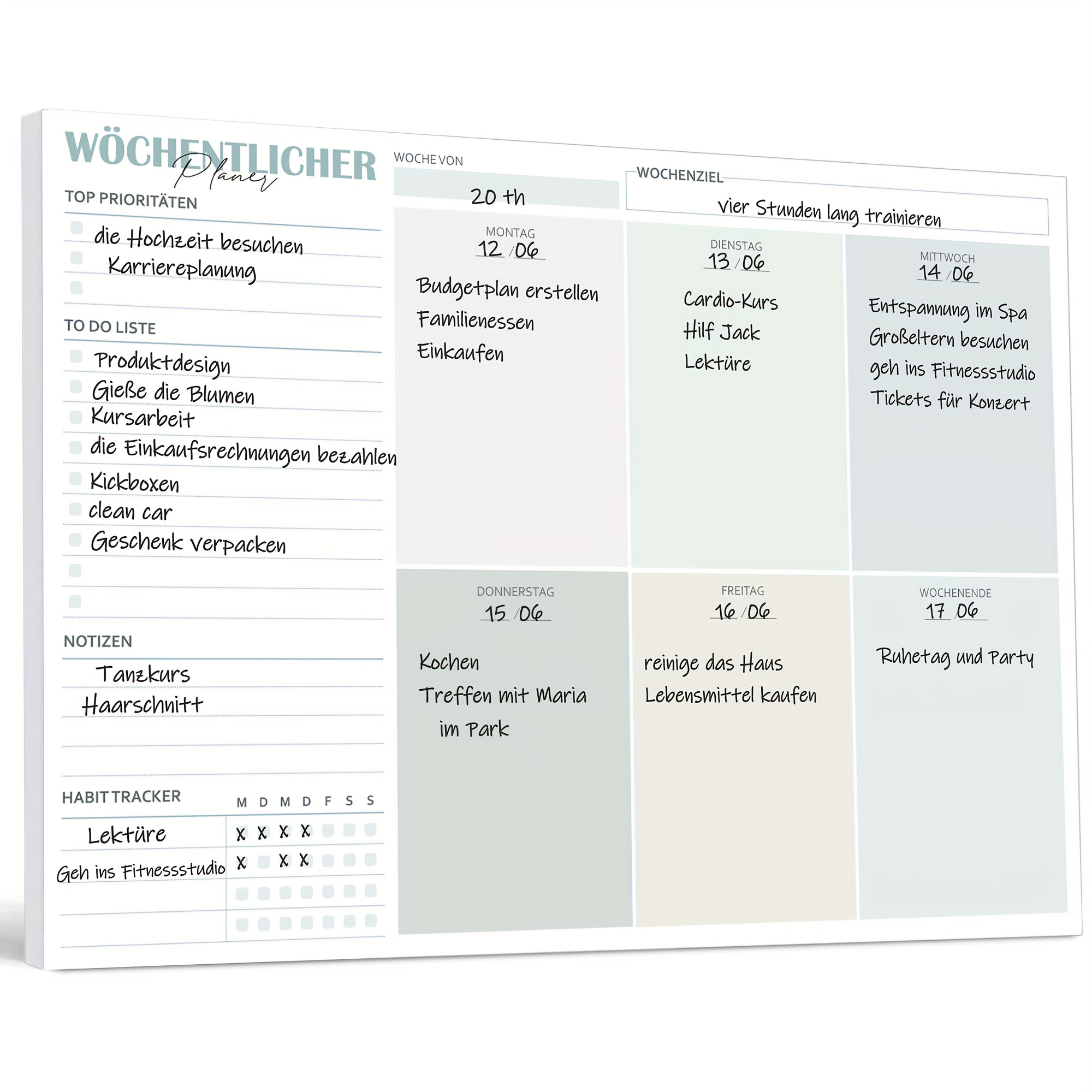 E-shop Wochenplaner in deutscher Version, -Liste, Gewohnheitstracker, undatiert, geeignet für Selbstplaner, Planer persönliche Organizer