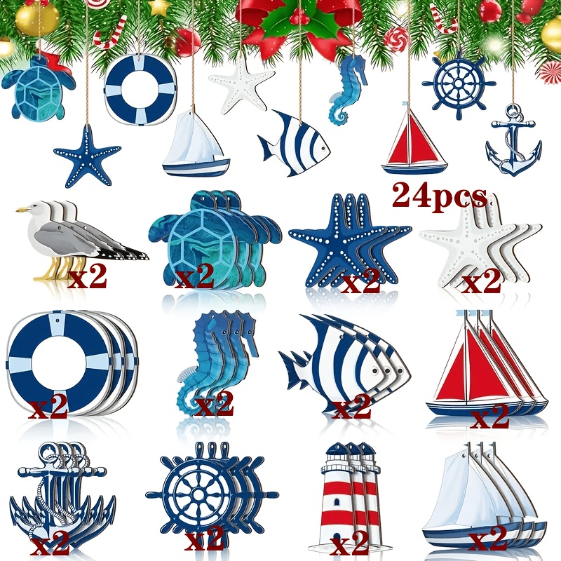 E-shop 24er Set Holz Nautische Ornamente, Sommer Kleine Strand Themen Stil Hängende Dekorationen mit Anker, , Seestern, Segelboot - Küsten Deko