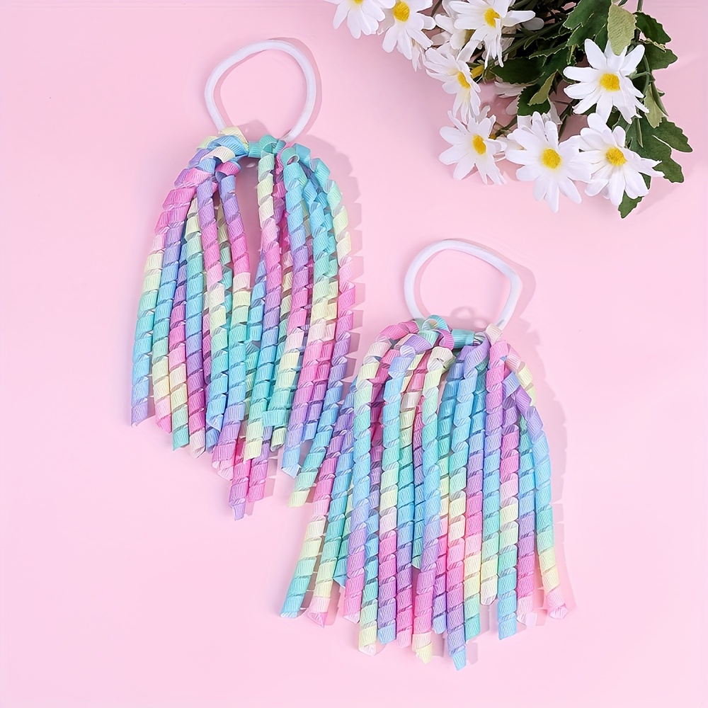 Image of Set Of 2 Colorful Hair Ties For Featuring Long Grosgrain Ribbon Tails, Made From Polyester. Additions For Parties And Occasions