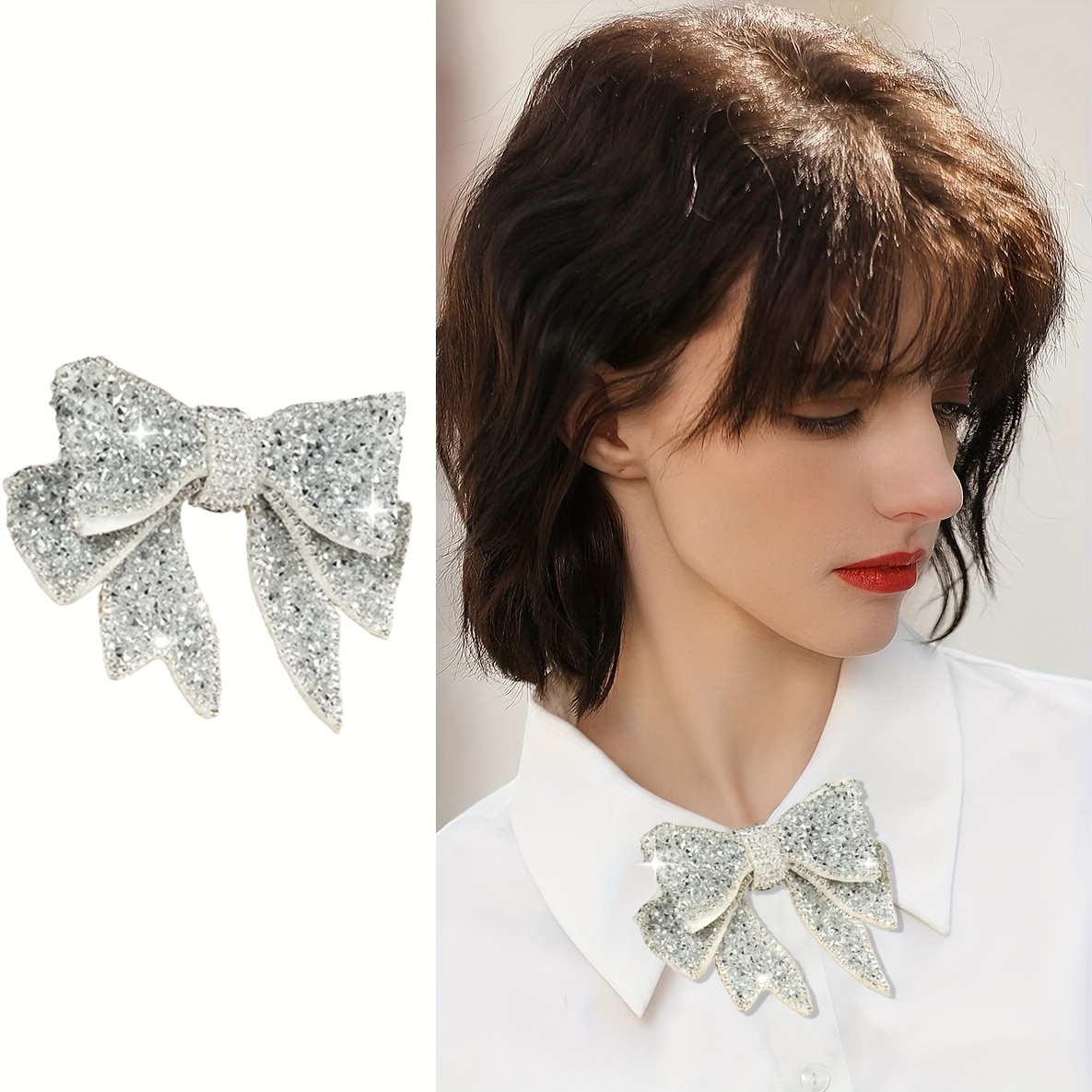 

Double Layer Shiny Rhinestone Bowtie Exquisite Bow Bowtie Elegant Style Shirt Matching Bowtie For Women
