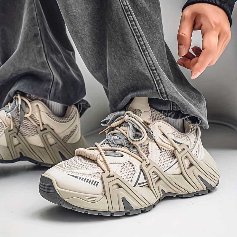 mens retro chunky dad sneakers beige gray lace casual shoes Temu