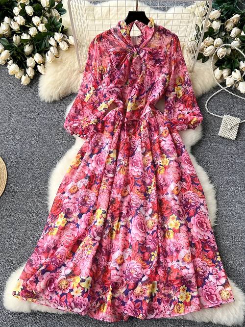 new womens fashionable and elegant high end neck tie print lantern sleeve a line dress