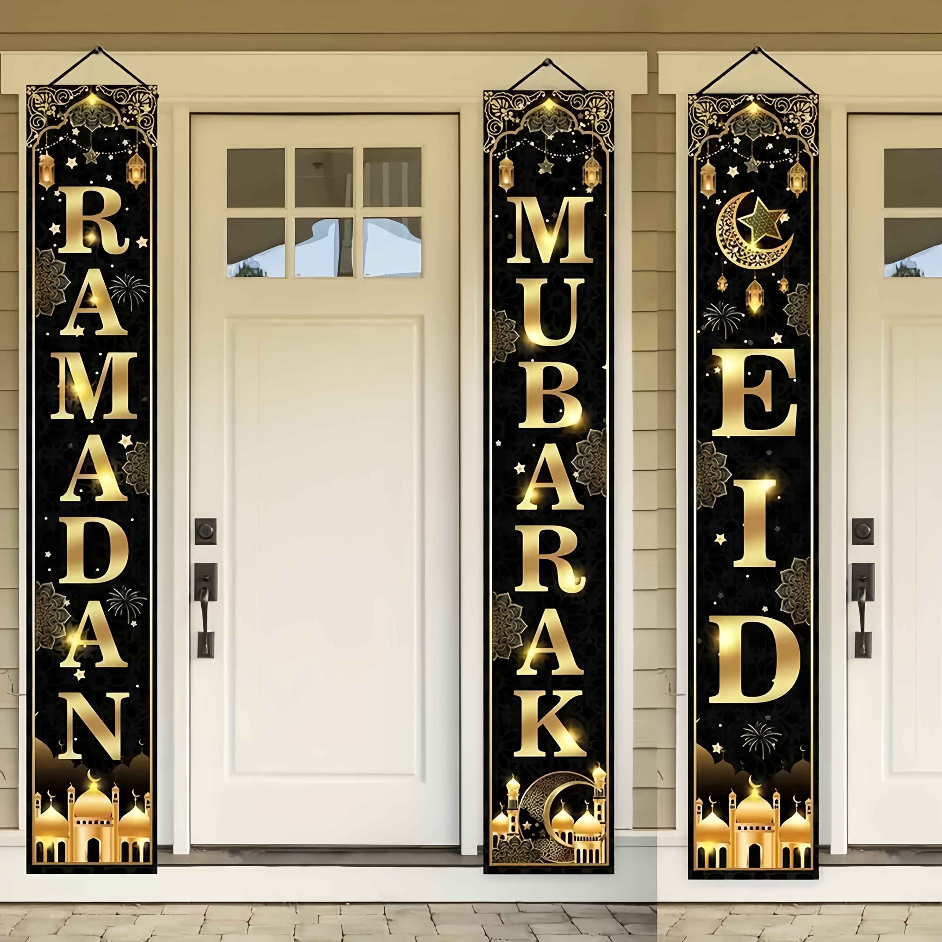 

2d Door Banner 3pcs Set Ramadan & Door Banner, Polyester, Multipurpose Indoor/outdoor Decorations, No Electricity Needed, For Party, Entryway, Room, Ideal For