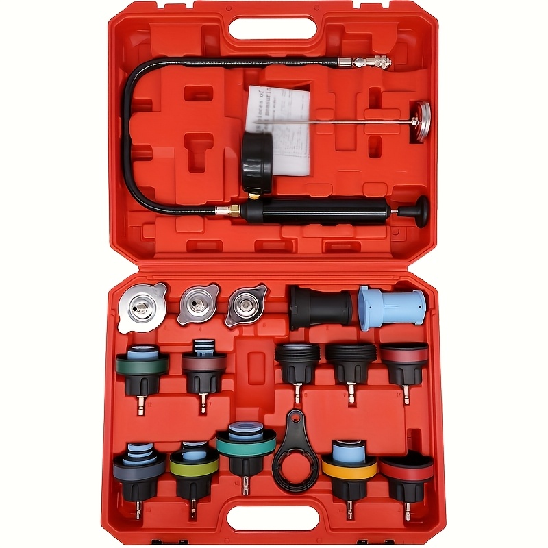 TEMU 18pcs Professional Car Coolant Pressure Test Kit - Accurate Leak Detection, Vacuum Gauge And Replacement Tools, Efficient Radiator Maintenance
